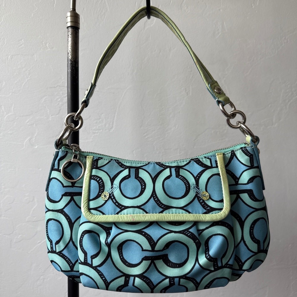 Y2K Vtg Coach Poppy Signature Sateen Pocket Hobo Blue Teal Lime Green Bag 14982
